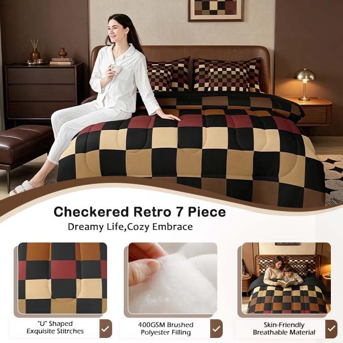 Feelyou Checkered Retro Comforter Set with Sheets 7 Piece Twin Size Brown Red Black Plaid Bed in a Bag Kids Boys Girls Geometric Vintage Bedding Set Modern Simple Groovy Aesthetic Bedroom Decor Soft