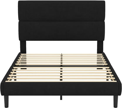 GRUSIGN Full Size Platform Bed Frame with Velvet Headboard, Adjustable Height Wooden Slats Support, Upholstered Mattress Foundation, Fits Mattress or Mattress with Box Spring, Easy Assembly, Black