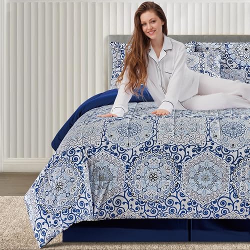 LUX Décor Reversible 4pc Twin Comforter Set, Printed Bedding Set, Microfiber Bed in a Bag, Includes 1 Comforter, 1 Pillow Sham, 1 Decor Pillow & 1 Bed Skirt (Aztec Blue,Twin)