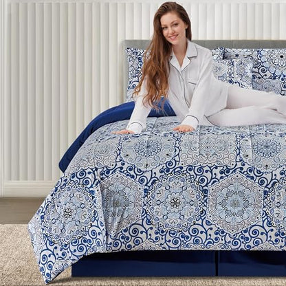 LUX Décor Reversible 5pc Queen Comforter Set, Printed Bedding Set, All-in-One Bed in a Bag, Includes 1 Comforter, 2 Pillow Shams, 1 Decorative Pillow & 1 Bed Skirt (Aztec Blue,Queen)