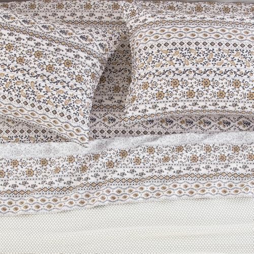 DAUAOTO Queen Size Printed Sheets Set, 100% Cotton Bedding Sets, Up to 14" Deep Mattress, Vintage Cottagecore Pattern Bedlinen Set, Floral Brown Taupe