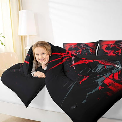 Erosebridal Japanese Anime Bedding Set for Kids, Anime Girl Comforter Set Full Size Japanese Girl Duvet Insert for Girls Teens Adult Room, Kawaii Animation Red Black Quilt, Machine Washable