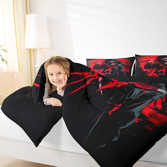 Erosebridal Japanese Anime Bedding Set for Kids, Anime Girl Comforter Set Twin Size Japanese Girl Duvet Insert for Girls Teens Adult Room, Kawaii Animation Red Black Quilt, Machine Washable