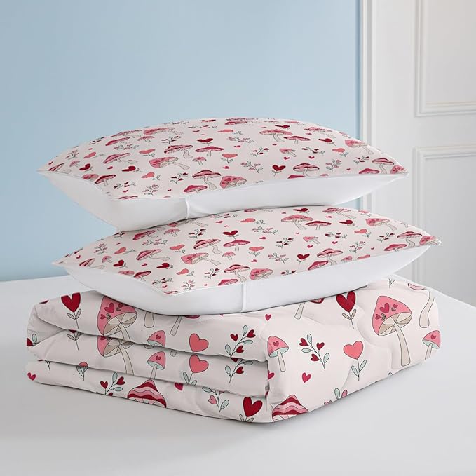 SOULZZZ Pink Mushroom Comforter Set Full Size, Nature Love Plant Trippy Mushroom Bed Set, Hippie Aesthetic Cottage Core 3 Piece Mushroom Comforter Bedding Set Bedroom Decor