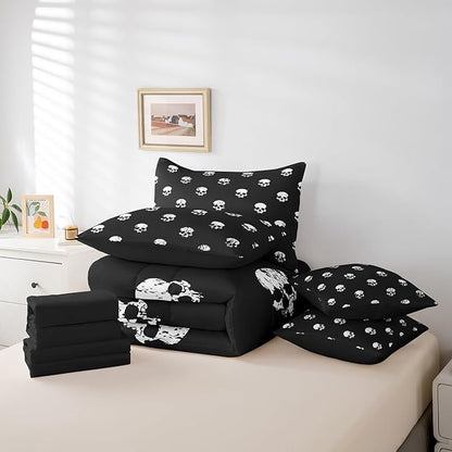 Castle Fairy 7 Pcs Skull Decor Bedding Sets with Sheets,Comforter,Pillowcases,Pillow Covers Human Skull Graffiti Print Comforter Set for Kids Teens Adults Bedroom Dorm Bed Set King Size