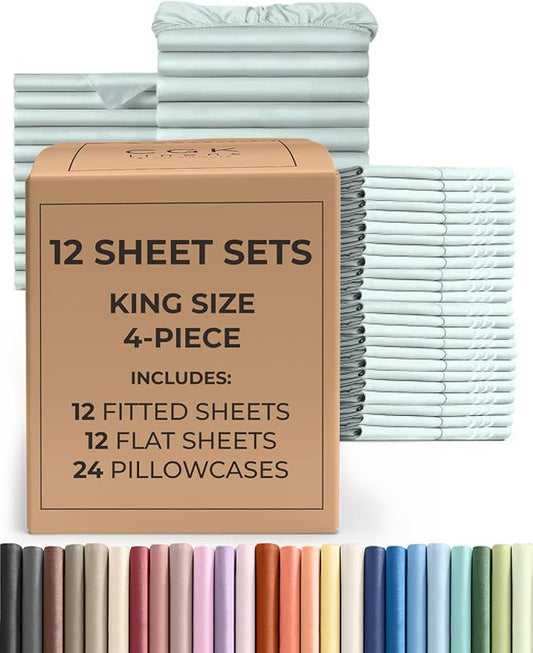 Bulk Case Pack of 12 Sheet Sets - (12) Complete King Size Sheet Sets with Deep Pockets - Wholesale Bulk Bedding for Hotels, Spas & Airbnbs - Breathable, Cooling, Soft & Wrinkle Free - (King, Ice Blue)