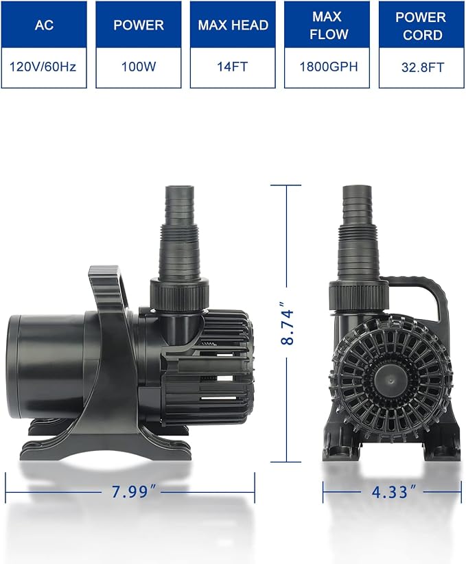 1800 GPH 100W IPX8 Submersible Small Pond Waterfall Pump | 32.8FT long power cord, smart quiet fountain pump for Koi fish, garden yard patio duck outdoor, with barrier filter bag