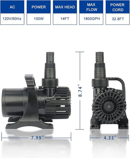 1800 GPH 100W IPX8 Submersible Small Pond Waterfall Pump | 32.8FT long power cord, smart quiet fountain pump for Koi fish, garden yard patio duck outdoor, with barrier filter bag