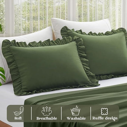 KKJIAF Ruffle Pillow Cases King Size Set of 2, Ruffled Pillow Covers with Envelope Closure, Wrinkle Resistant Pillowcases 20" x 36", Ruffled Pillow Shams, Olive Green