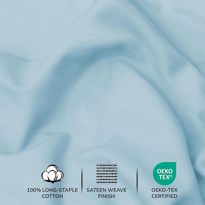 Feather & Stitch 500 TC Twin Size 3pc Damask Bed Sheet Set, 100% Soft Cotton Breathable Bedsheets, 18" Deep Pockets Sateen Weave Striped Bedding Mattress Resort Hotel Luxury Decor - (Feather Blue)