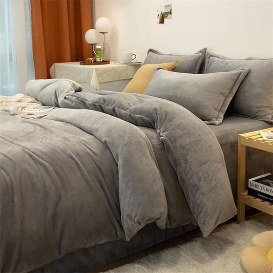 Houseri Grey Velvet Comforter Set Twin Fluffy Flannel Furry Bedding Sets Kids Fuzzy Comforter Plain Grey Sherpa Bedding Comforters Sets Twin