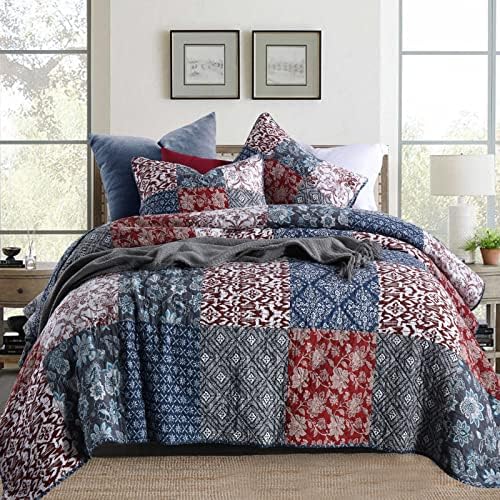 Yvooxny Quilts King Size Bedspread Quilt Set Lightweight Reversible Coverlet Set Real Patchwork Quilted Bedding Set for All Seasons, Bohemian Floral Style, King Size