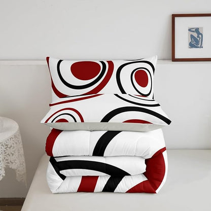 Erosebridal Red Black Circles Bedding Set Full Size Striped Abstract Comforter Set for Adult Women Men Modern Geometric Bed Sets Minimalism Lines Boho Simple Art Duvet Quilt Sets