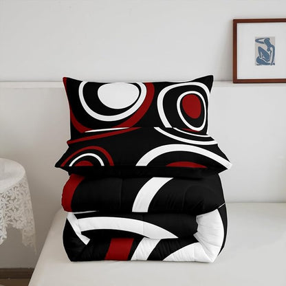 Erosebridal Red Black Striped Bedding Set Full Size Modern Circle Abstract Comforter Set for Adult Women Men Contemporary Graffiti Lines Bed Sets Minimalists Aesthetic Boho Duvet Quilt Sets