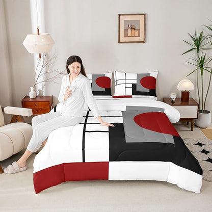 Erosebridal White Black Red Striped King Bedding Set Boho Modern Geometric Abstract Comforter Set for Adult Women Men Stripes Lines Bed Collections Minimalist Square and Circle Quilt Sets