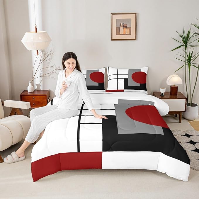 Erosebridal White Black Red Striped Toddler Comforter Boho Modern Geometric Abstract Bedding Set Stripes Lines Duvet Insert Minimalist Square and Circle Bed Sets