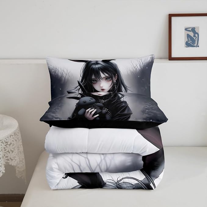 Erosebridal Anime Girl Bedding Set Full,Anime Gifts Comforter Set for Girls Women,Gothic 3D Japanese Girl Down Comforter,Black Gothic Bed Set Exotic Rabbit Printed Duvet Insert with 2 Pillowcases