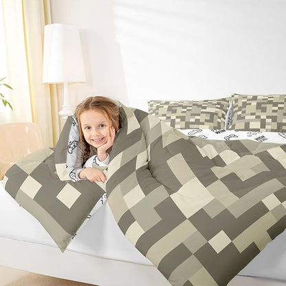 Pixelated Miners Blocks Kids Bedding Set King Size,Patchwork Square Video Games Comforter Set,Geometric Patchwork Grid Quilt Comforter,Light Gray Bedroom Duvet Insert,2 Pillowcases