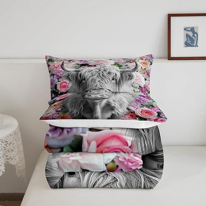 Erosebridal Highland Cow Comforter Set Queen Size Rose Flower Bedding Set for Kids Girls Boys Teens Adult Western Wild Animal Bull Cattle Down Comforter Funny Farmhouse Comforter Pink Grey