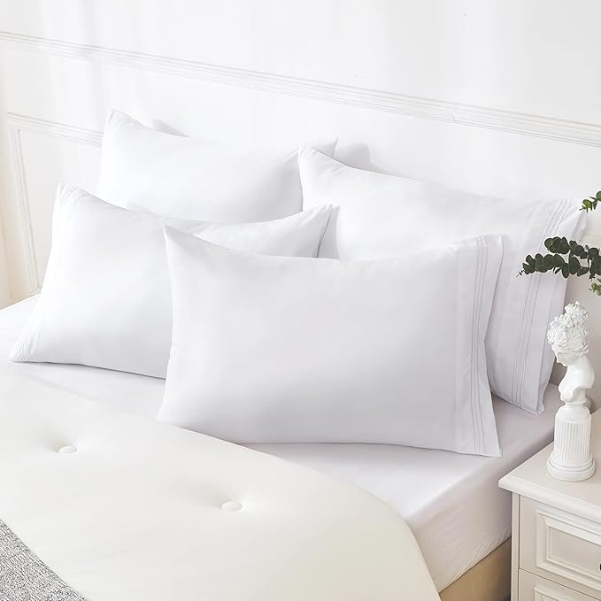 YIYEA Pillow Cases Queen Size Set of 4, Ultra Soft 1800TC Hotel Quality Double Brushed Microfiber Embroidered Pillowcases, Envelope Closure, Fade Resistant (20"x30", White)