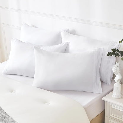 YIYEA Pillow Cases Queen Size Set of 4, Ultra Soft 1800TC Hotel Quality Double Brushed Microfiber Embroidered Pillowcases, Envelope Closure, Fade Resistant (20"x30", White)