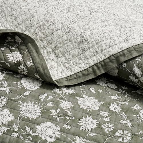 EverGrace 100% Cotton Floral Quilt Set, King Size, Sage Green 108"×96"
