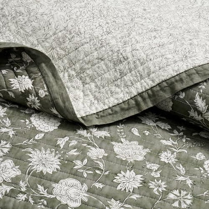 EverGrace 100% Cotton Floral Quilt Set, King Size, Sage Green 108"×96"