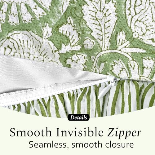 CPC Block Print Olive Bloom Ruffle Cotton Lumbar Pillow Cover 14x36 inch
