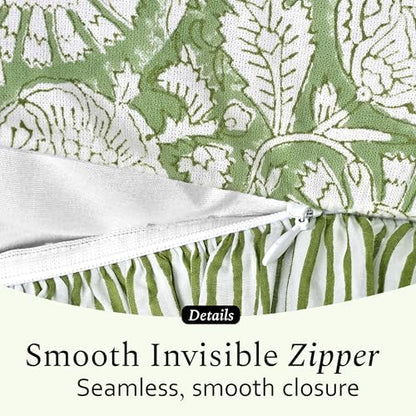 CPC Block Print Olive Bloom Ruffle Cotton Lumbar Pillow Cover 14x36 inch