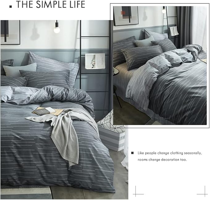 VM VOUGEMARKET Grey Stripes Duvet Cover King Modern Men Bedding Set with 2 Pillow Shams -100% Cotton Reversible Luxury Boys Comforter Cover with Zipper Closure 104X90 Inch