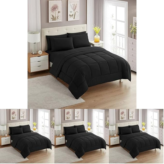 Sweet Home Collection 5 Piece Comforter Set Bag Solid Color All Season Soft Down Alternative Blanket & Luxurious Microfiber Bed Sheets, Black, Twin XL (Pack of 4)