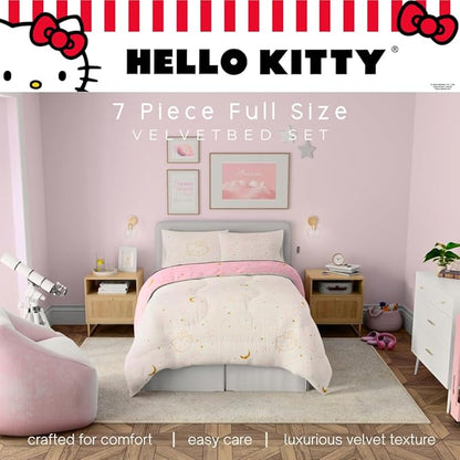 Lux Hello Kitty Velvet Bedding 7 Piece Super Soft Cozy Reversible Comforter and Sheet Set with Sham & Tote Bag, Full, (Officially Licensed Product) by Franco