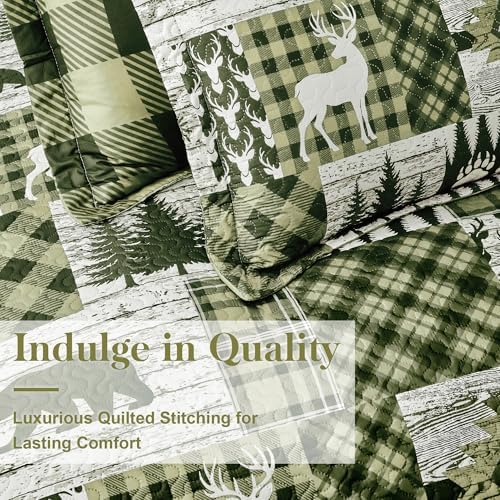 3 Piece Cabin King Size Quilt Sets Farmhouse Rustic Reversible Microfiber Soft Lightweight Bedspread Comforter with 2 Shams Patchwork Country Lodge Bedding Quilts Set for All Season, 106''x96'', Green