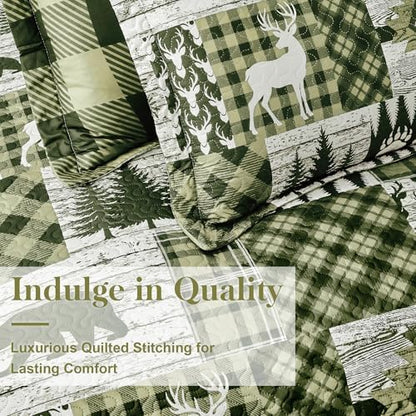 3 Piece Cabin King Size Quilt Sets Farmhouse Rustic Reversible Microfiber Soft Lightweight Bedspread Comforter with 2 Shams Patchwork Country Lodge Bedding Quilts Set for All Season, 106''x96'', Green
