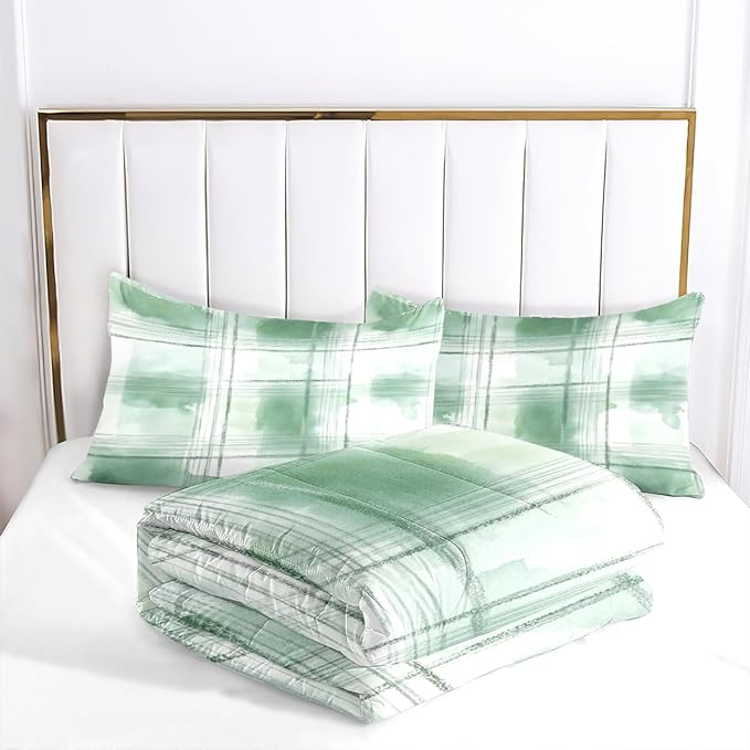 Kids Green Tie Dye Bedding Set, 2Pcs Twin Abstract Checkered Comforter Set for Girls Room Decor, Soft Microfiber for All Season (1 Comforter 68" x 90"and 1 Pillowcase)