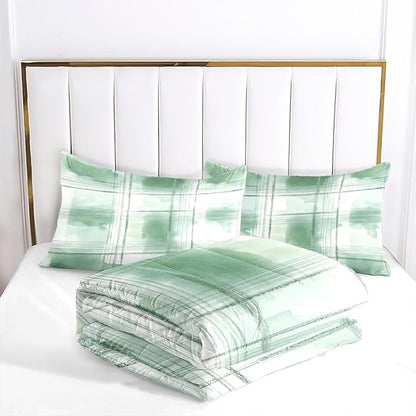 Kids Green Patchwork Comforter Set Queen Size, 3Pcs Dorm Checkered Bedding Sets for Girls Boys, 100% Washed Microfiber, Includes 1 Comforter 90"x90" and 2 Pillowcases