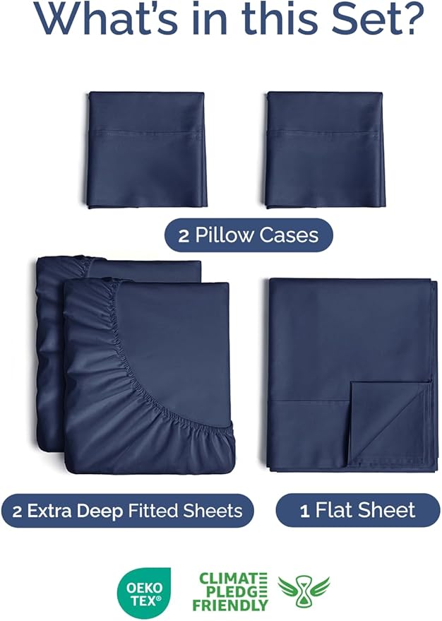 Extra Deep Pocket Split King Size Sheet Set - 5 Piece Breathable & Cooling Bed Sheets - Hotel Luxury Bedding w/ 16 to 21 inch Extra Deep Pockets - Soft, Fade & Wrinkle Resistant - Oeko-Tex - Navy Blue