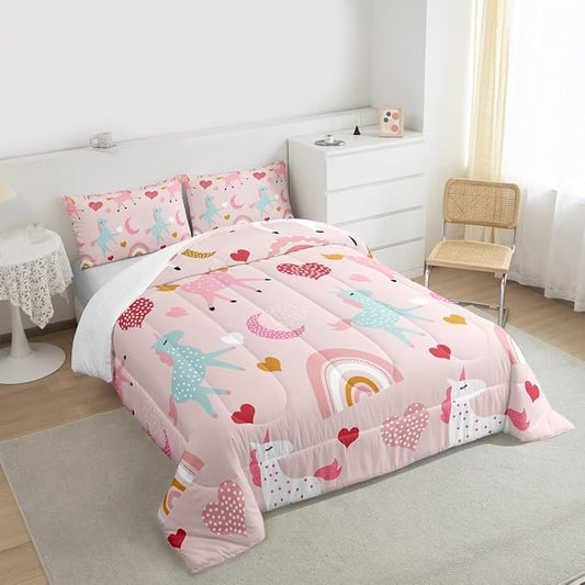 Feelyou Girls Unicorn Comforter Set Toddler Size Kids Cute Pink Rainbow Horse Decor Comforter for Unicorn Lover Daughter Bedding Set Boho Star Moon Duvet Set (1 Comforter + 1 Pillowcases, Toddler)