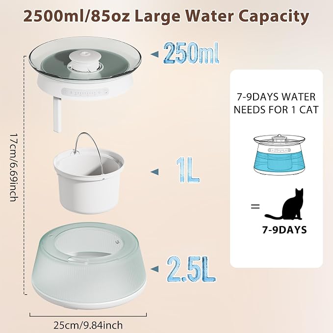 2.5L/85oz Smart Glass Cat Water Fountain, Automatic Filterless Pet Fountain with Dual Tank Separation System, 3 Smart Modes for Cats, Multiple Pets
