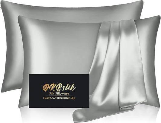 Silk Pillowcase 2 Pack, Natural Mulberry Silk Pillow Cases, Anti Acne Silk Pillowcase for Hair and Skin, King Size Silk Satin Pillowcase Set of 2 with Zipper, Gifts for Sleeping Women, Silver Grey