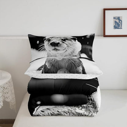 Erosebridal Marine Animal Comforter Set Full Size Sea Otter Bedding Set for Kids Boys Girls Kawaii Shower Bubbles White Beige Black Comforter Warm Soft Quilt Insert