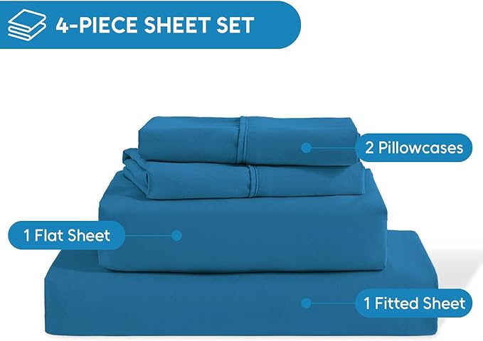 Full Size Bed Sheets Set, 4 Pieces Hotel Luxury Soft Microfiber Bed Sheets Set, Up to 16" Deep Pockets, Oeko-Tex Sheets with Elastic, Breathable, Wrinkle Free (Peacock Blue,Full)