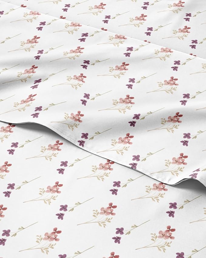 Floral Sheets - Pink & Purple Floral Bed Sheet Set - 1 Flat, 1 Fitted & 1 Pillowcase w/ Deep Pockets - Comfy, Wrinkle & Fade Free - Boho Botanical Bedding - Soft, Breathable & Cooling - Twin Size Set
