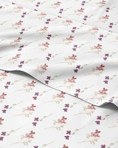 Floral Sheets - Pink & Purple Floral Bed Sheet Set - 1 Flat, 1 Fitted & 2 Pillowcases w/ Deep Pockets - Wrinkle & Fade Free - Boho Botanical Bedding - Ultra-Soft, Breathable & Cooling - Queen Size Set
