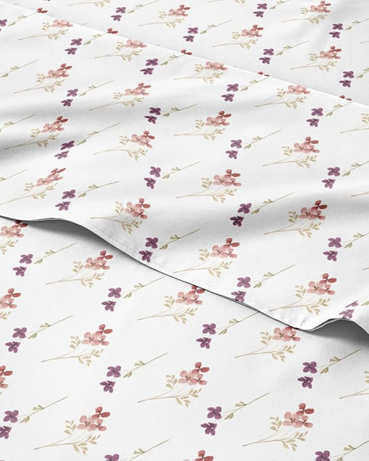 Floral Sheets - Pink & Purple Floral Bed Sheet Set - 1 Flat, 1 Fitted & 2 Pillowcases w/ Deep Pockets - Wrinkle & Fade Free - Boho Botanical Bedding - Ultra-Soft, Breathable & Cooling - Queen Size Set
