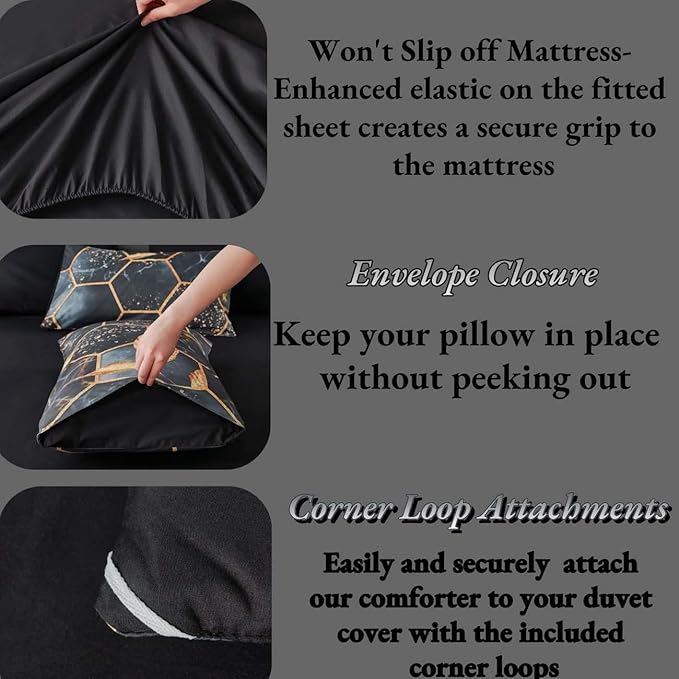 ANGIYUIN Geometric Black Queen Comforter Set, 7 Pieces Modern Foil Print Decor Gold Trim Bed in A Bag, Ultra Soft Lightweight Duvet Insert for All Season (Black Queen)