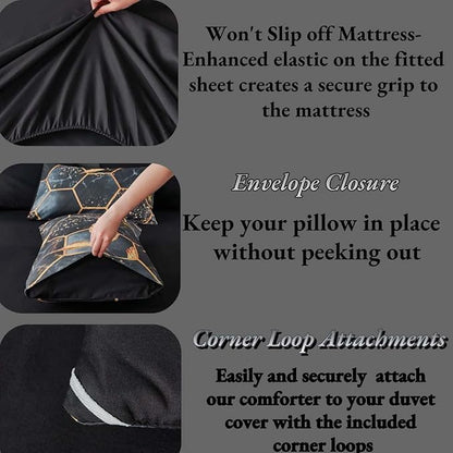 ANGIYUIN Black King Size Comforter Set Geometric Comforter 7Pcs Foil Print Bed in A Bag Marble Bedding Comforter Sets 3D Honeycomb Hexagon Decor Gold Trim Bed Set for Women Men (Black King)