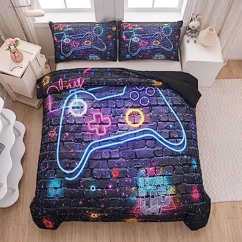 NINENINE Gaming Bedding Sets for Boys 5PCS Full Size Gaming Comforter Bed in A Bag Kids Teens Gaming Comforter Sets (1Comforter, 1Flat Sheet, 1Fitted Sheet, 2Pillowcases)