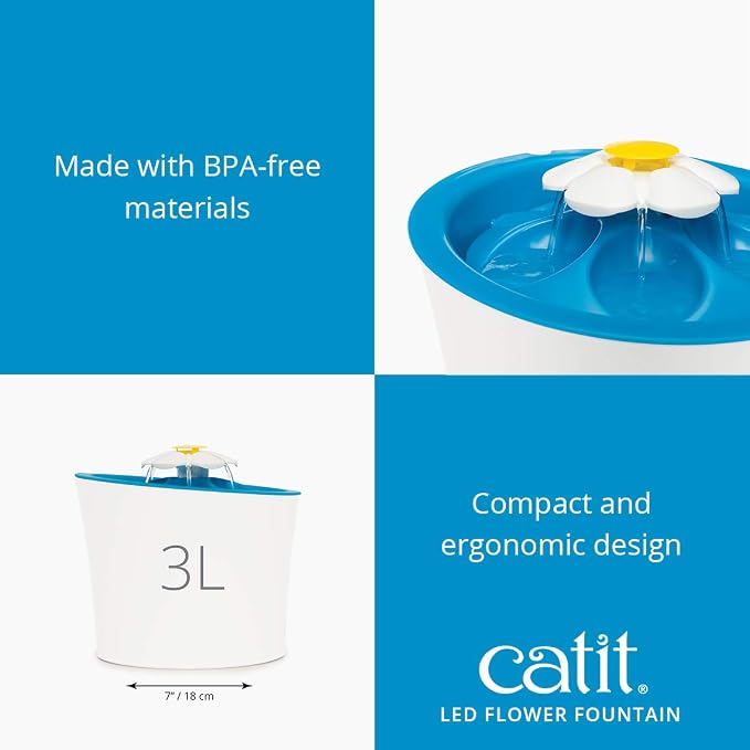 Catit LED Flower Fountain with Triple Action Filter, 3 L, Blue | Cat Drinking Water Fountain