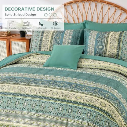 Cottolester Boho Full Comforter Set,Green Paisley Striped Bed in A Bag